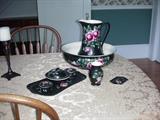 Complete wash bowl set with pitcher and other pieces