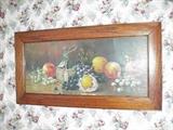 Old antique lithograph of fruit and wine in oak frame