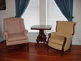 Pair of vintage upholstered chairs with marble top Victorian table