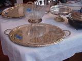 Another silverplated serving tray, compote, covered casserole with glass insert