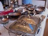Double covered silverplated chafing dish with glass inserts, bread baskets, bowls, chafing dishes, butter dish, glass and silverplated bowls