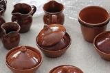 Jugtown lidded soup bowls , tobacco spit glaze