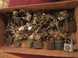 BOX FULL OF ANTIQUE LOCKS AND KEYS