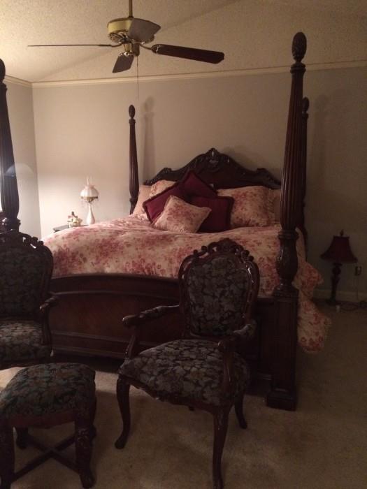 four oater bed that is part of the pulaski set also the pair of arm chars and ottoman