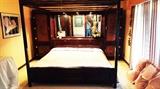 Bernhardt Oriental Style King Size Canopy Bed with Two Side Armoires, headboard with storage, and Mirror