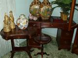 Desk, vintage tables, Oriental urns