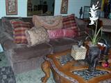 Bernhardt sofa, carved coffee table, silk decorator pillows