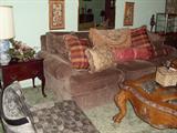 Bernhardt sofa, carved coffee table, silk decorator pillows
