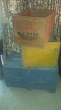 Byrd red delicious apple crate, Virginia. Canada Dry ginger ale crate (painted yellow). Hinged-lid, painted gray crate. 