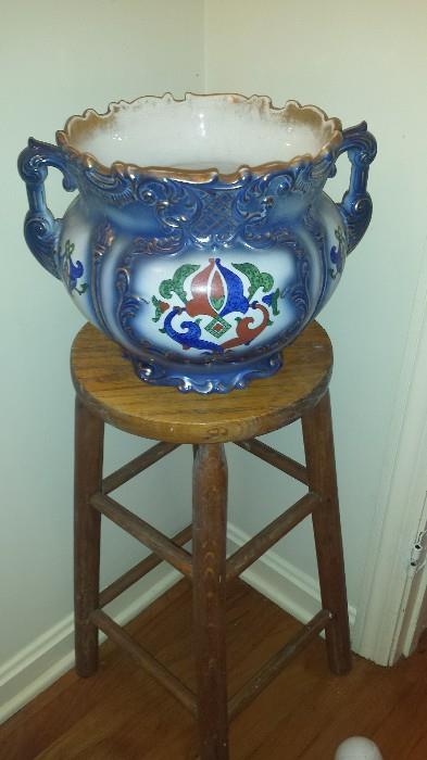 wooden stool, beautiful Asian handled bowl/pot/urn