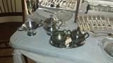 Silver plate cream/sugar, silver plate flatware, cut glass, & more! 