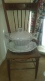 One of the set of four spindle back chairs along with a rare Ironstone soup tureen. 