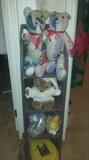 Wooden shelf, hand quilted bears with jointed arms/legs, toy kitchen pots/pans, boat, and more. 