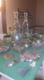 Sterling/silver plate dresser boxes, hair receivers, hand mirrors, and more. Decanter & lint brush. 