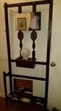 Mission type hall tree/stand. Mirror needs repair. Glass globe, brass candlesticks. 