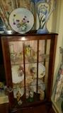 Decorative plates & figurines, footed/keyed curio cabinet. 
