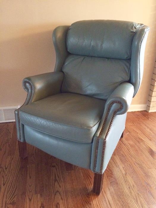 Reclining Robin's Egg Blue Leather Chair with Hobnail details