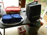 Vintage projector & reels, casserole carrier, baskets - in garage