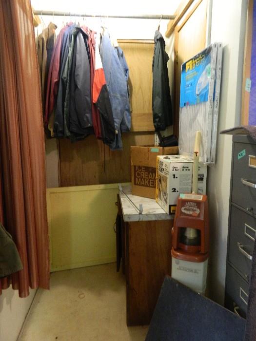 Garage:coats, shelf, miscellaneous