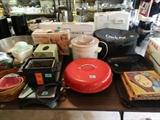 Garage: crock pot, large skillet, another griddle, fry daddy , crock,pot & case, etc