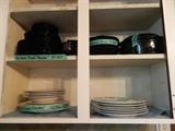 Sets of dishes, black are Mikasa "Rhondo", Christmas plates, & more