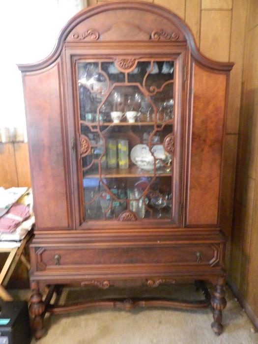 Duncan Phyfe China cabinet (matching table & sideboard in other pictures). vintage glassware, gold hand painted tea cups, sherbets , etc.