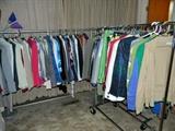 3 full rolling racks of clothing, purses, etc