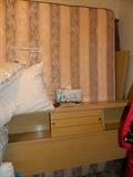 Blonde bookcase headboard, rails, mattress & box springs. 