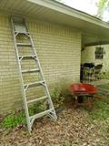 Outside:  large ladder - wheelbarrow