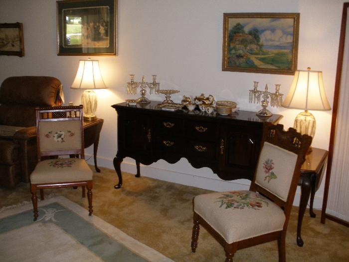 Flex steel lift chair, east lake chairs, nice solid wood buffet, crystal candlelabras, large oriental rug...