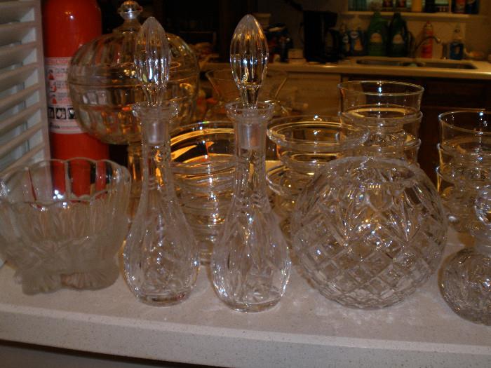 Crystal decanters, rose bowl, etc.