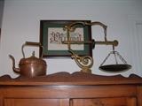 old brass scale and copper tea kettle