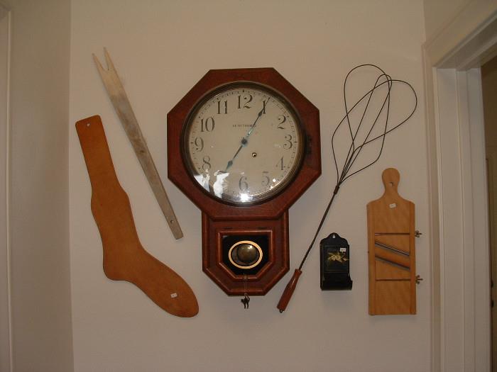 Old schoolhouse clock and other collectibles
