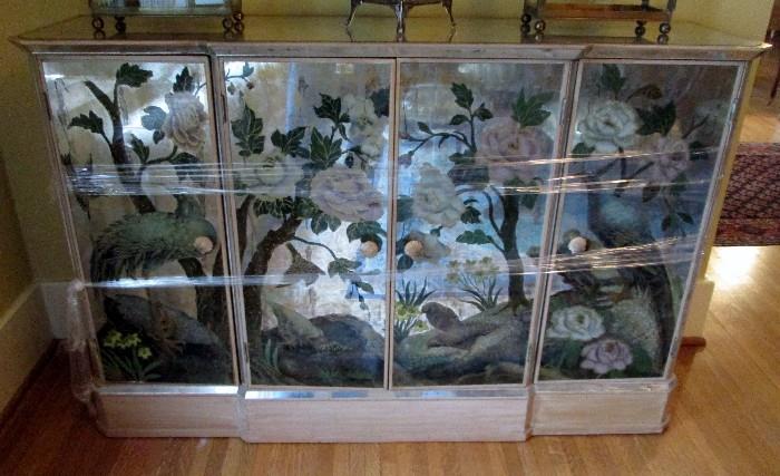 Hollywood Regency style Asian Motif painted mirrored bar cabinet