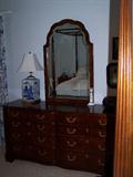 Chippendale style dresser & mirror. Blue & white lamps
