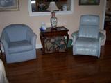 Tea table, swivel chair, recliner & foot stool.