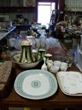 English porcelain platters, irish cut crystal glasses, depression glass...