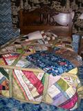 Beautiful crazy quilt. Double size bed Tiger oak Victorian headboard