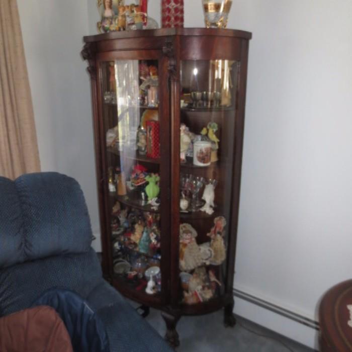 Antique Oak China Curio Cabinet with Detailed Lions Heads And all the Smalls inside