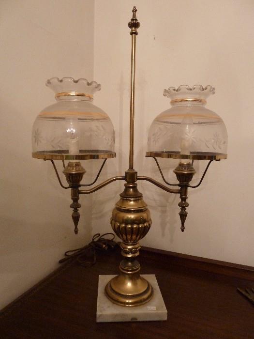 Antique student lamp w/hurricane shades