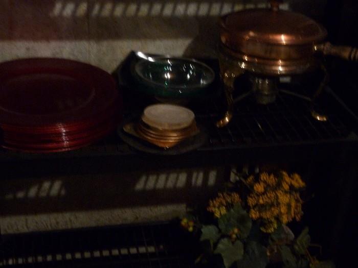 Red chargers for the holidays...Copper chafing dish