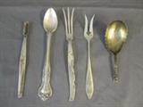 5 Assorted Sterling Silver Pieces 2 Spoons, 2 Pickle Forks and Child's Toothbrush Holder 
