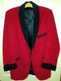 Red corduroy with black satin cuffs and lapels smoking jacket