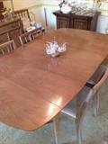 Mid Century Modern drop leaf dining table with leaves and pads, 6 chairs, R. E. Gordon Furniture dining table and matching hutch