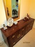 HENRENDON Asian style buffet, brass accents, bifold doors,  with side- by side cabinets, tarnish-proof silverware drawer