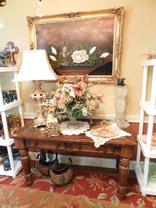 Sofa Table, Cut Glass Lamp, Ornate Gold Gilt Lamp, Original Painting