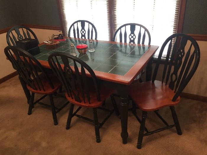 Kitchen Table and Six Chairs.  Green Tile.  Heavy duty table