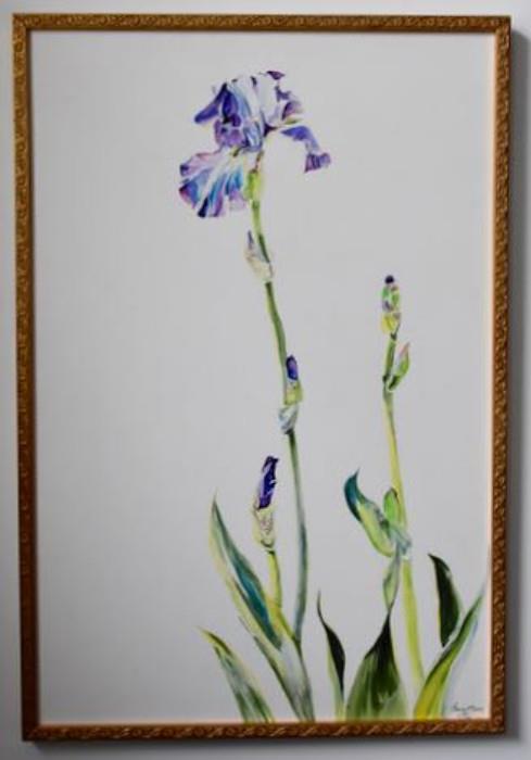 This delicate Iris is Frank's favorite---- he remains amazed that she did not drop even a single drop of paint on this white canvas!  He also remembers fetching cokes to Carole on the hot day she painted this!