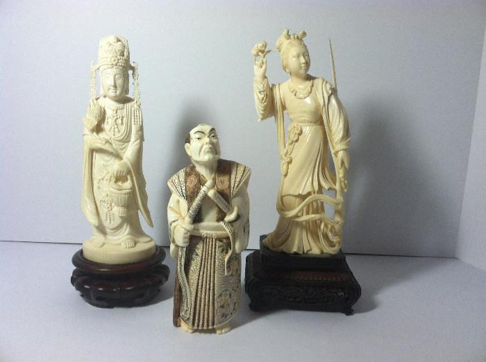 IVORY FIGURES LEFT - 7", MIDDLE 6", RIGHT 7" THE MEASUREMENTS DO NOT INCLUDE THE WOOD BASE