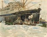 Lot# 038 Arthur Edwaine Beaumont (1890-1978)		

Arthur Edwaine Beaumont (1890-1978 Los Angeles, CA), Two Tugs with a Large Ship, likely Los Angeles harbor, est:$2500/3500